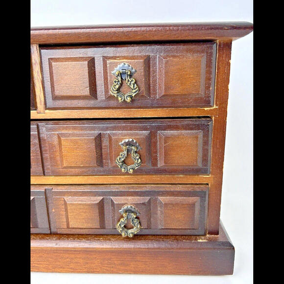 Vintage Brown Wood 4 Drawer Music Jewelry Box Chest Yellow Velvet 7"H x 10.5"L - Picture 3 of 11